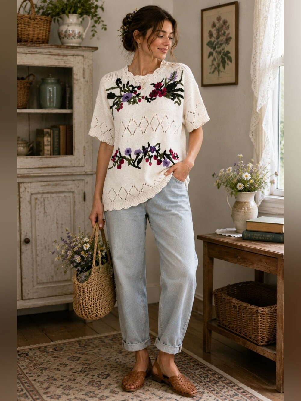 Vintage Lady Footlocker Casuals Floral Embroidered Knit Sweater M White Cotton